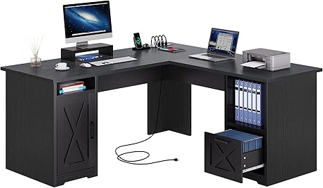 L-Shaped Desk with Power Outlets, File Drawer & Monitor Stand — 60 Inch Corner Office Desk