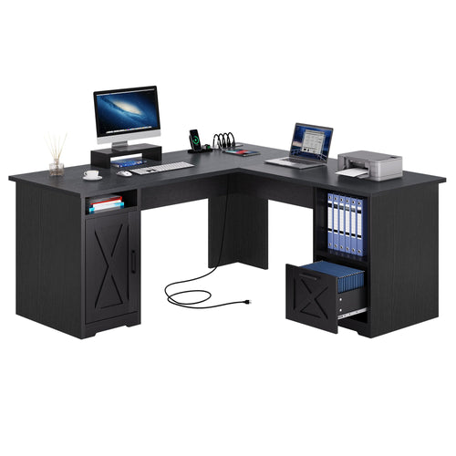 L-Shaped Desk with Power Outlets, File Drawer & Monitor Stand