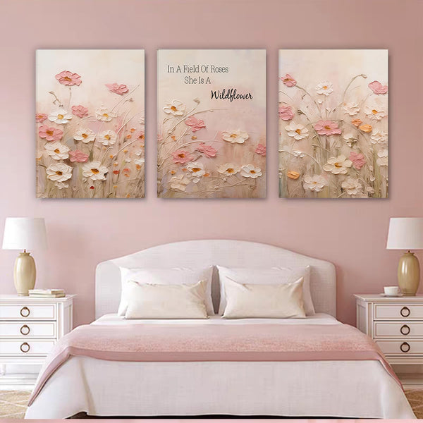 Pink Wildflower Canvas Wall Art Set of 3