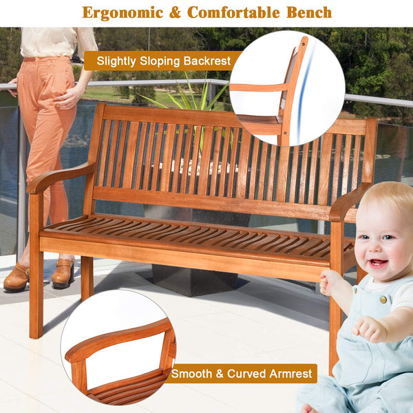 50" Solid Wood Outdoor Bench with Backrest & Armrests