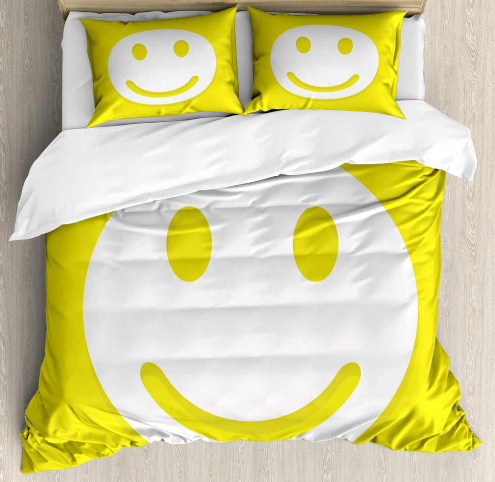 Queen Duvet Cover Set – Smiley Face Print, Yellow White