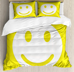Queen Duvet Cover Set – Smiley Face Print, Yellow White