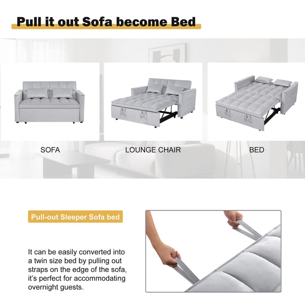Convertible Sofa Bed with Adjustable Backrest & Side Pockets