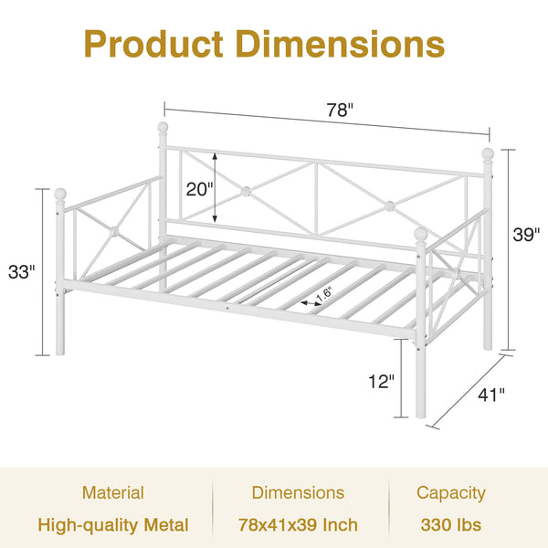 VECELO Daybed Twin Size, Day Bed Frame with Headboard, Heavy-Duty Metal Slats Support Platform for Living Room, Guest Room, Easy Assembly, White