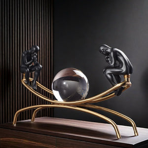Thinker Thinking Man Statue with Crystal Ball Sculpture