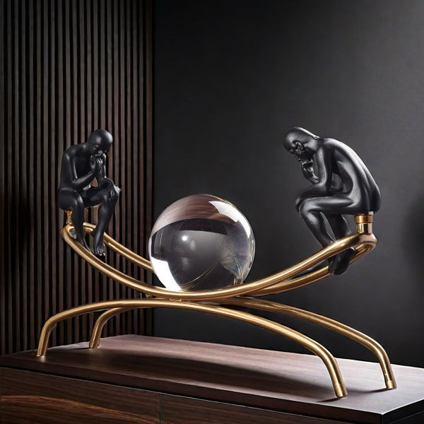 Thinker Thinking Man Statue with Crystal Ball Sculpture