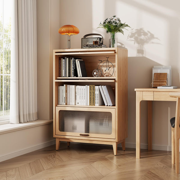 Solid Wood Bookcase with Glass Doors, 3-Shelf