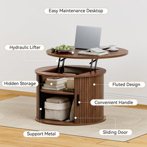 Round Lift Top Coffee Table with Hidden Storage & Fluted Sliding Door
