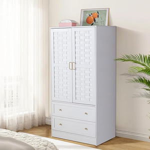 Armoire Wardrobe Closet with Woven Doors, Drawers & Hanging Rail