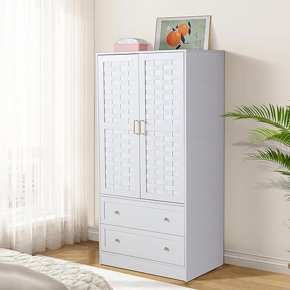 Armoire Wardrobe Closet with Woven Doors, Drawers & Hanging Rail