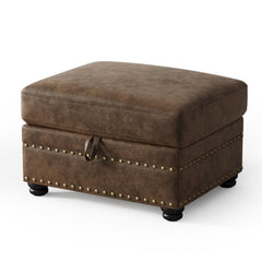 Brown Faux Leather Storage Ottoman with Nailhead Trim