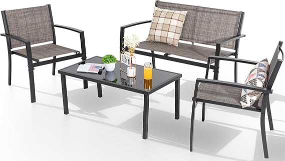 4-Piece Outdoor Patio Furniture Set with Glass Coffee Table