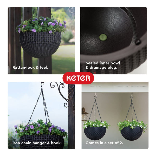 Round Hanging Planter Baskets Set of 2 – Rattan-Look Resin