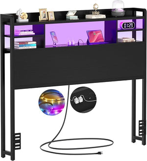 Storage Headboard with LED Light, Power Outlets & USB Ports