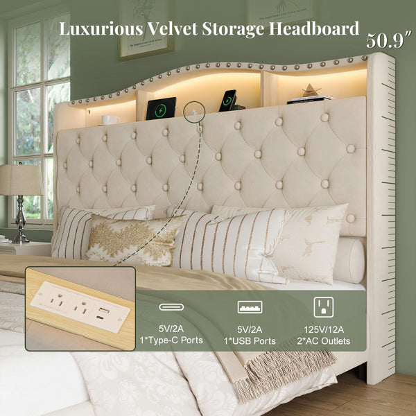 Upholstered Wingback Bed Frame with LED Lights & Storage