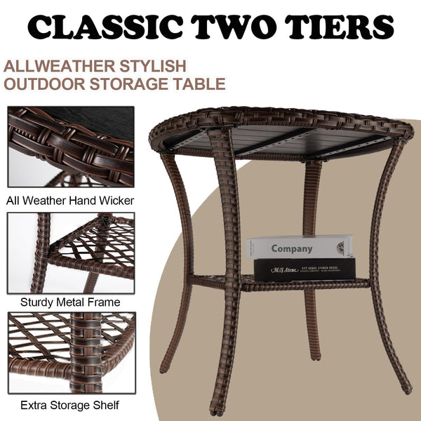 Outdoor Wicker Patio Side Table with 2-Tier Storage