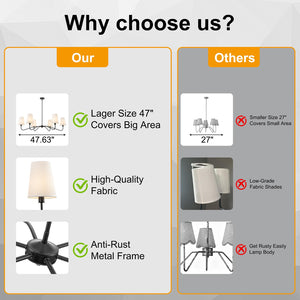 47-Inch Modern 6-Light Chandelier with Fabric Shades – Adjustable Large Ceiling Light Fixture