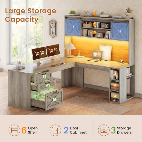 L-Shaped Desk with Hutch, Drawers, Storage Shelves & LED Lights – Grey