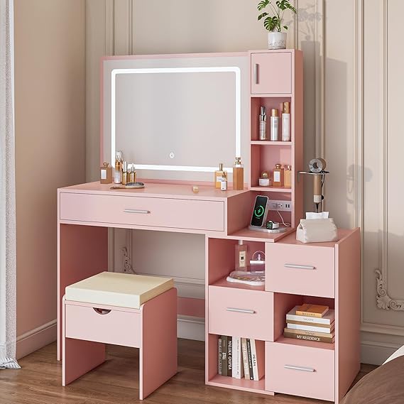LED Lighted Vanity Desk with Sliding Cabinet, Drawers & Storage Stool