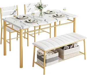 4-Piece Dining Table Set with Bench and 2 Upholstered Chairs