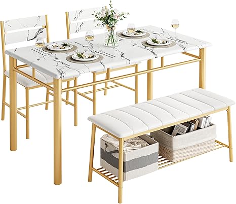 4-Piece Dining Table Set with Bench and 2 Upholstered Chairs
