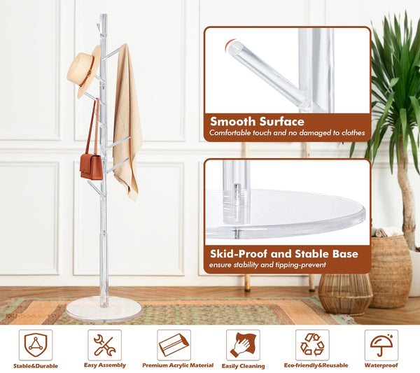 Acrylic Corner Coat Rack Stand with 8 Hooks – Adjustable Height Tree Shelf