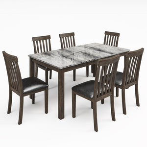7-Piece Farmhouse Dining Table Set with Faux Marble Top & Cushioned Chairs
