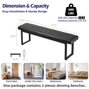 Padded Dining Bench Set of 2 – Faux Leather Upholstered Long Bench