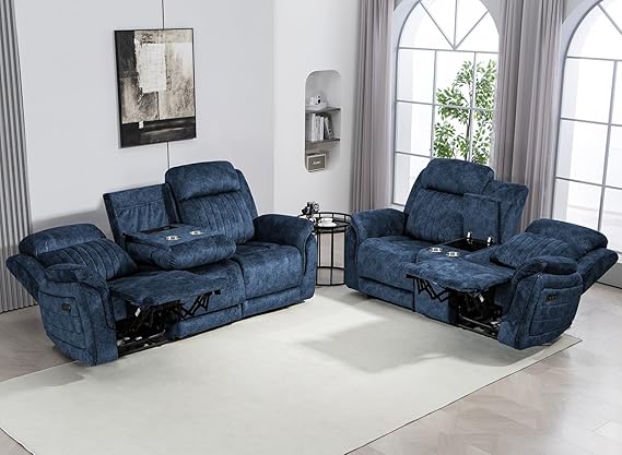 Power Reclining Sofa & Loveseat Set with USB Port, Console & Cup Holders