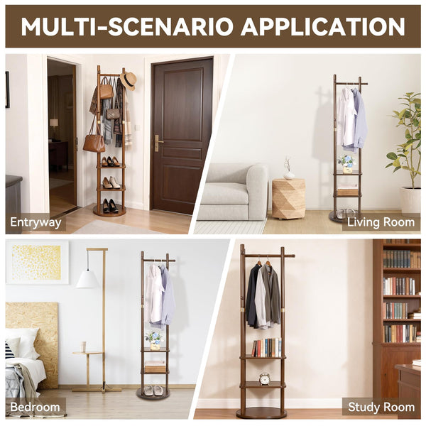 Freestanding Rotary Coat Rack with Shelves & Hooks