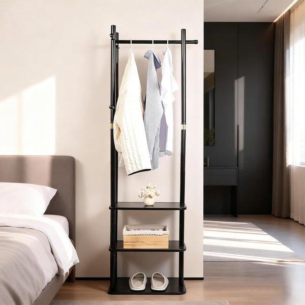 Wood Coat Rack with 3 Shelves and 5 Hooks