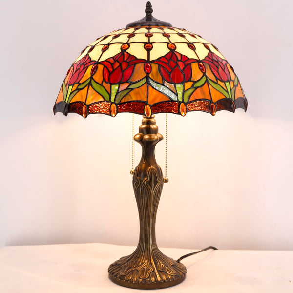Tiffany Table Lamp Red Stained Glass Tulip 16-Inch