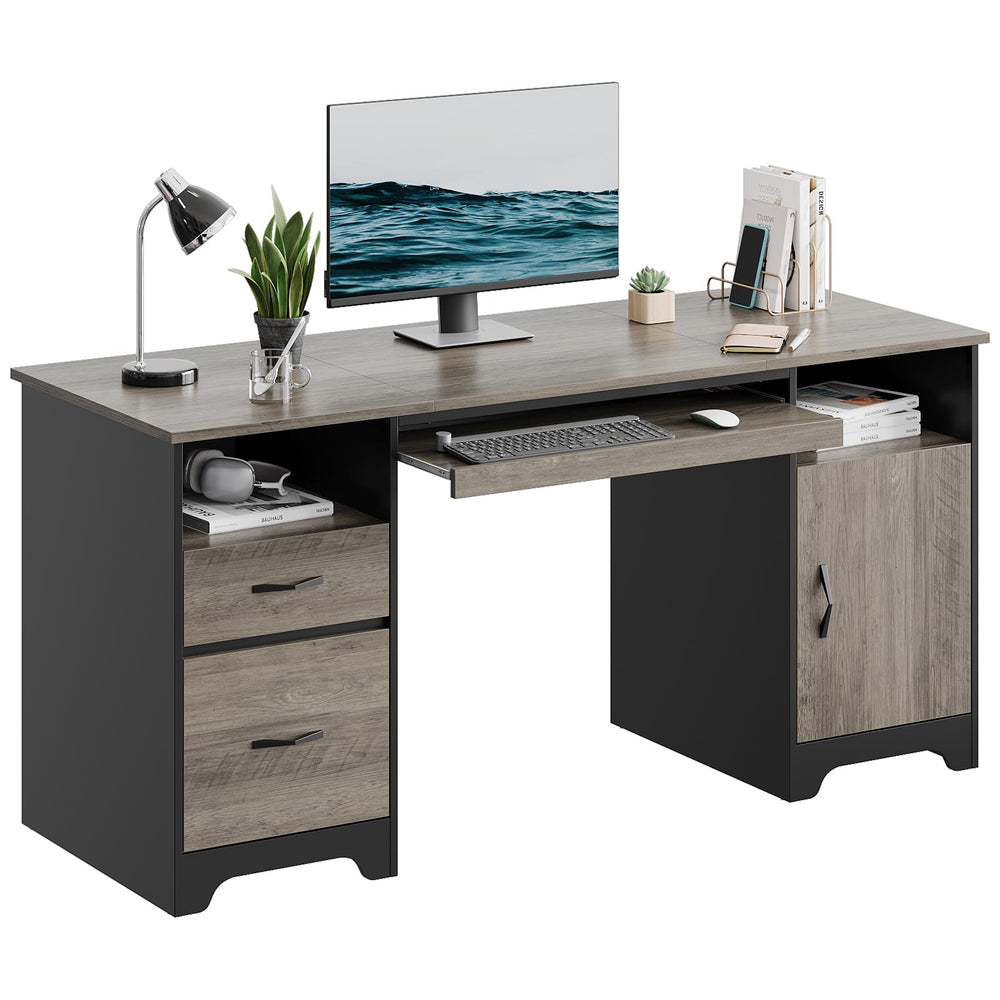 59" Executive Computer Desk with Storage, File Drawer & Keyboard Tray