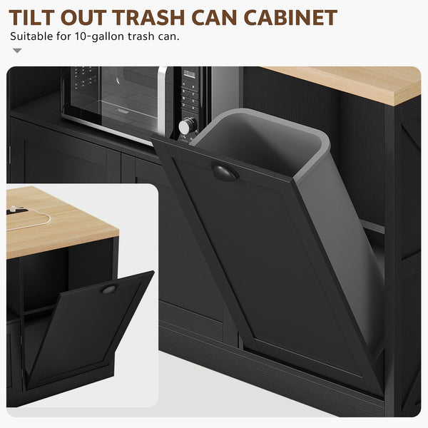 63-Inch Kitchen Island with LED Lights, Power Outlet & Trash Can Storage