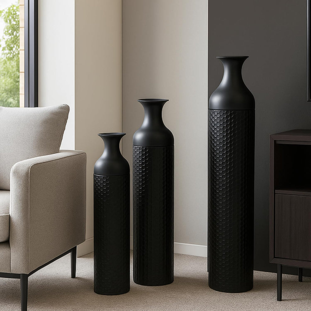 Black Metal Floor Vase Set of 3 – Honeycomb Texture