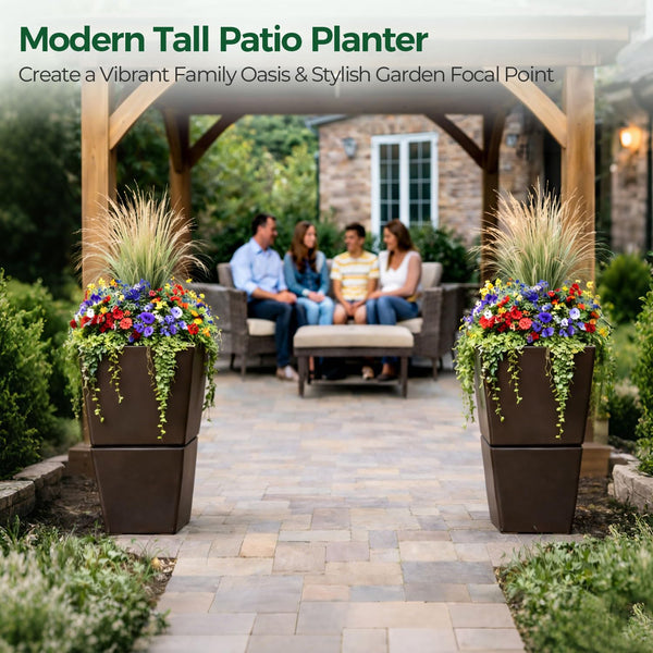 Tall Outdoor Planters with Wheels & Drainage – Set of 2