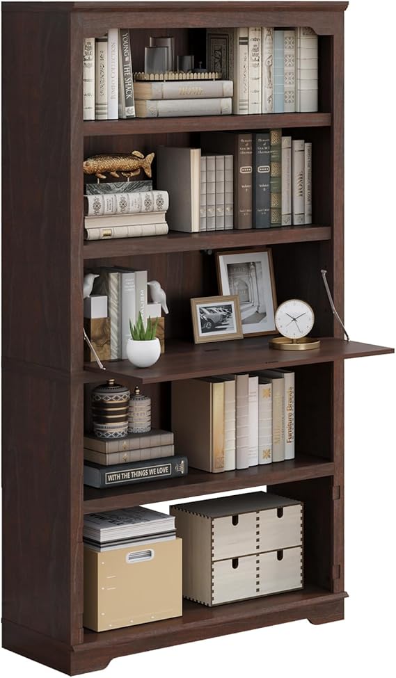 71-Inch 5-Tier Bookcase with Flip-Down Door, 37" Wide