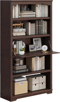 71-Inch 5-Tier Bookcase with Flip-Down Door, 37" Wide
