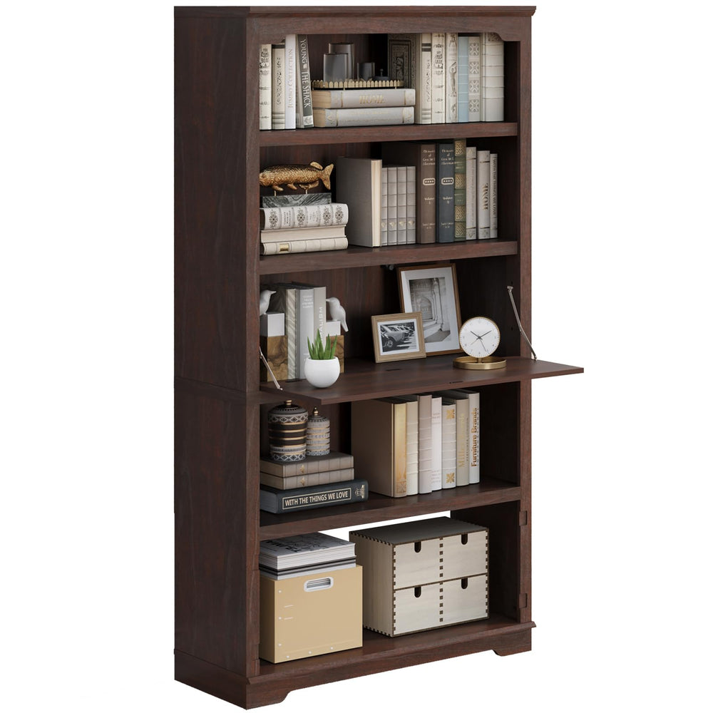 71-Inch 5-Tier Bookcase with Flip-Down Door, 37" Wide Freestanding Wood Bookshelf