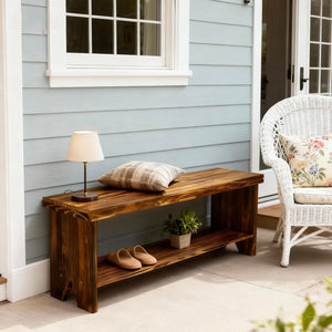 43" Solid Wood Farmhouse Entryway Bench with Storage Shelf