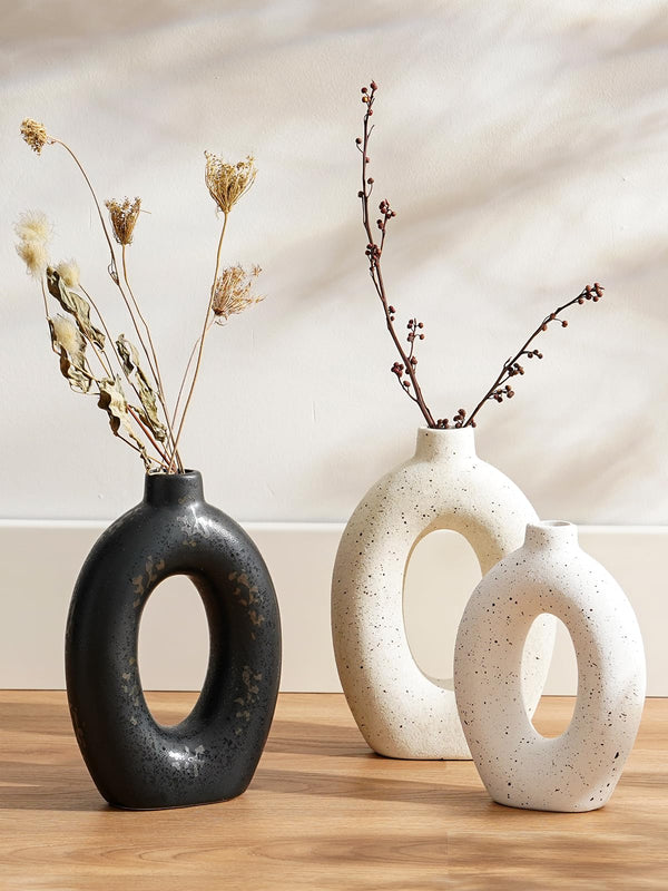 Ceramic Donut Vase Set of 2 – 10.5" & 8.5" Hollow Sculptural Flower Vases