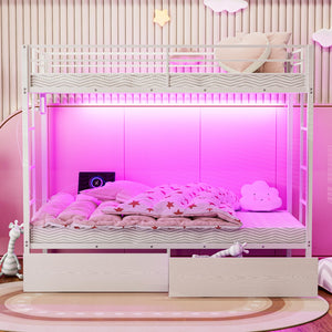 Twin XL Over Twin XL Metal Bunk Bed with LED Lights & Storage Drawers