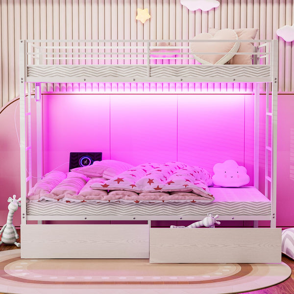 Twin XL Over Twin XL Metal Bunk Bed with LED Lights & Storage Drawers