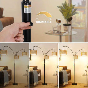 3-Light Dimmable Arc Floor Lamp with Rattan & Fabric Shades
