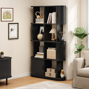 4-Tier Bookshelf with Sliding Door – Mid-Century Modern Freestanding Bookcase