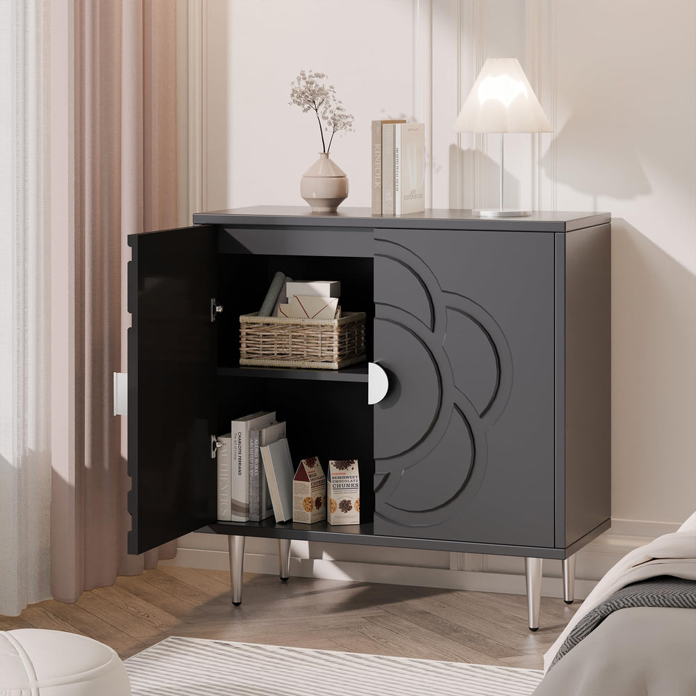 Wood Sideboard Buffet Cabinet with Decorative Flower Pattern Doors
