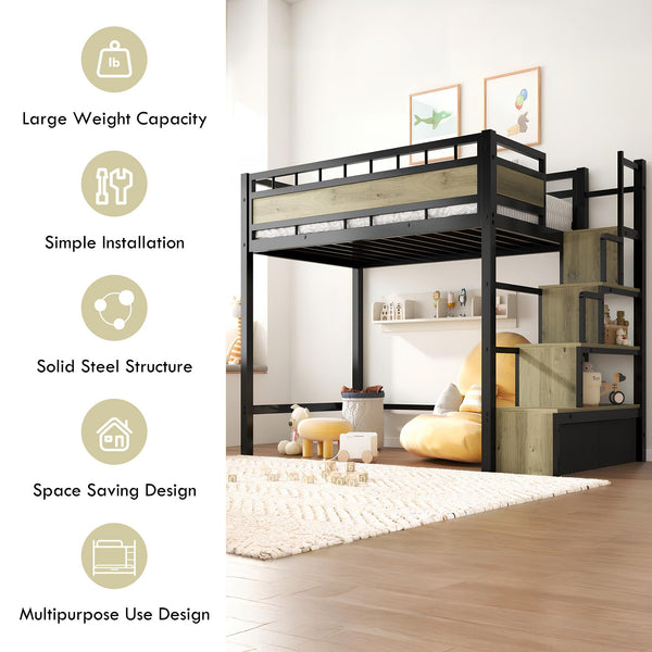 Twin Loft Bed with Storage Stairs & Drawers – Heavy Duty Metal