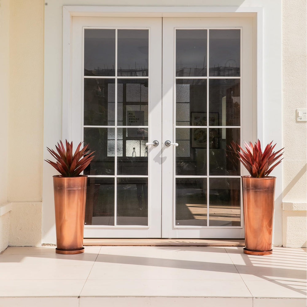 Tall Copper Metal Planters Set of 2 with Inner Pots and Trays