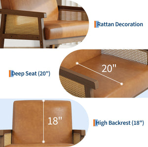 Rattan Arm Accent Chair, High Back PU Leather, Wooden Frame