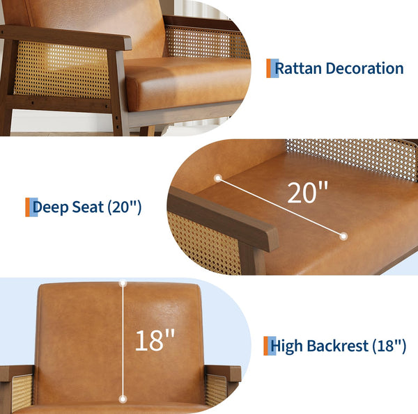 Rattan Arm Accent Chair, High Back PU Leather, Wooden Frame